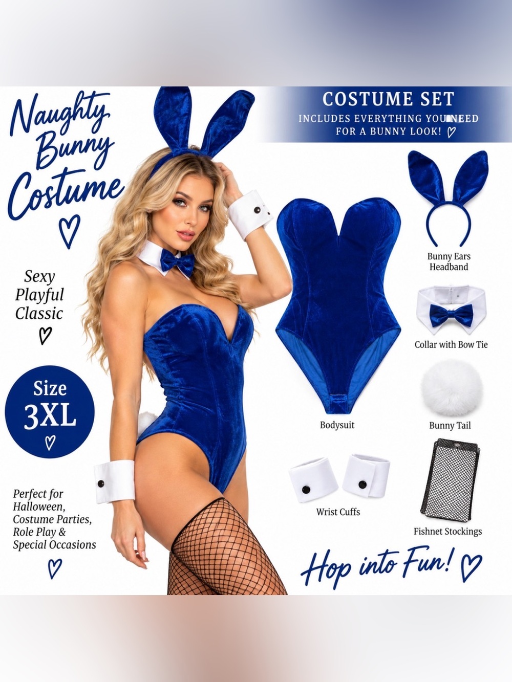 Blue Velvet Bunny Halloween Costume Women’s 3XL Bodysuit Accessory Set
